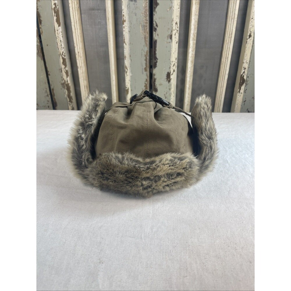 Timberland EUC Canvas Trapper Hat Tan Brown Faux Fur Aviator Winter Bomber Cap - Picture 3 of 9